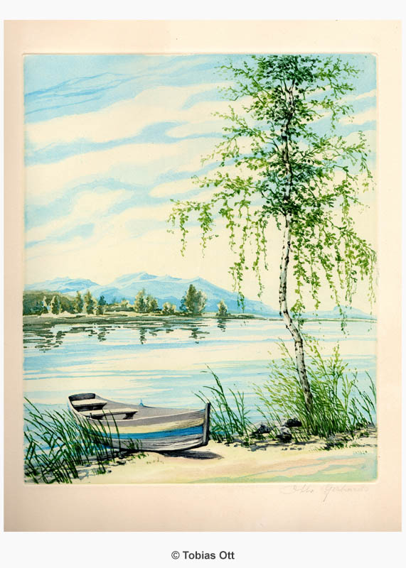 colorierte Radierung von Otto Gerhards mit Birke, Boot am See